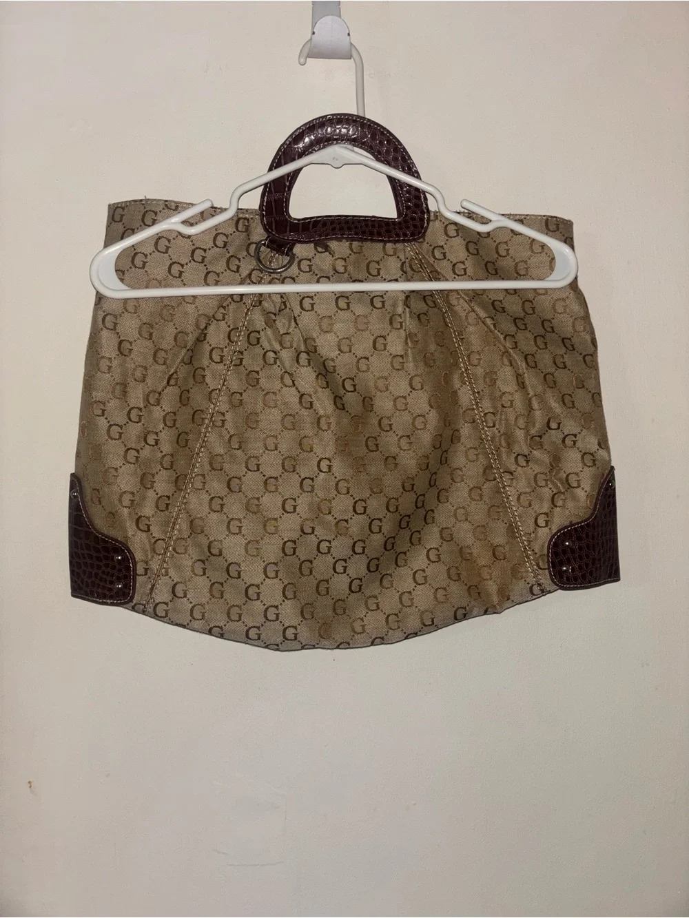 Y2K vintage Guess Beige Monogram Tote with Dark Brown Croc-wTrim Handles